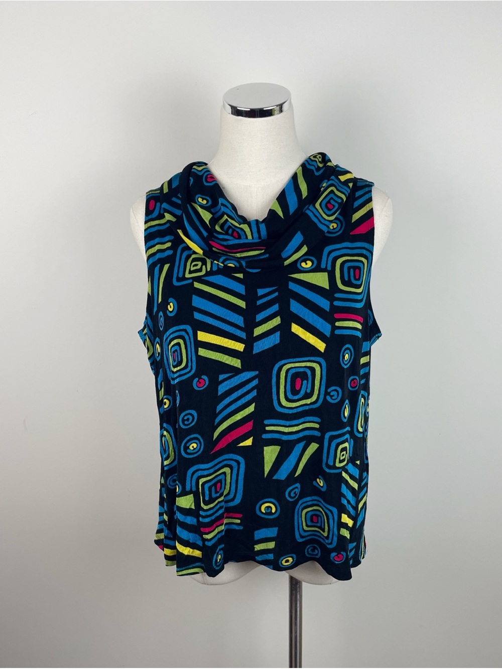 Choices Vintage Retro Blue Black Red Geometric Slinky Blouse Top Women XL